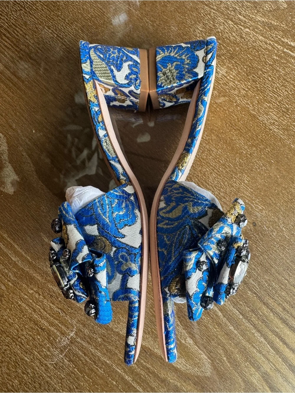 Tory Burch Valentina Brocade Crystal Bow Slide Sandals Blue Gold Size 6